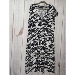 Apostrophe Stretch Black White Abstract Wave Faux Wrap Midi Dress Womens XL